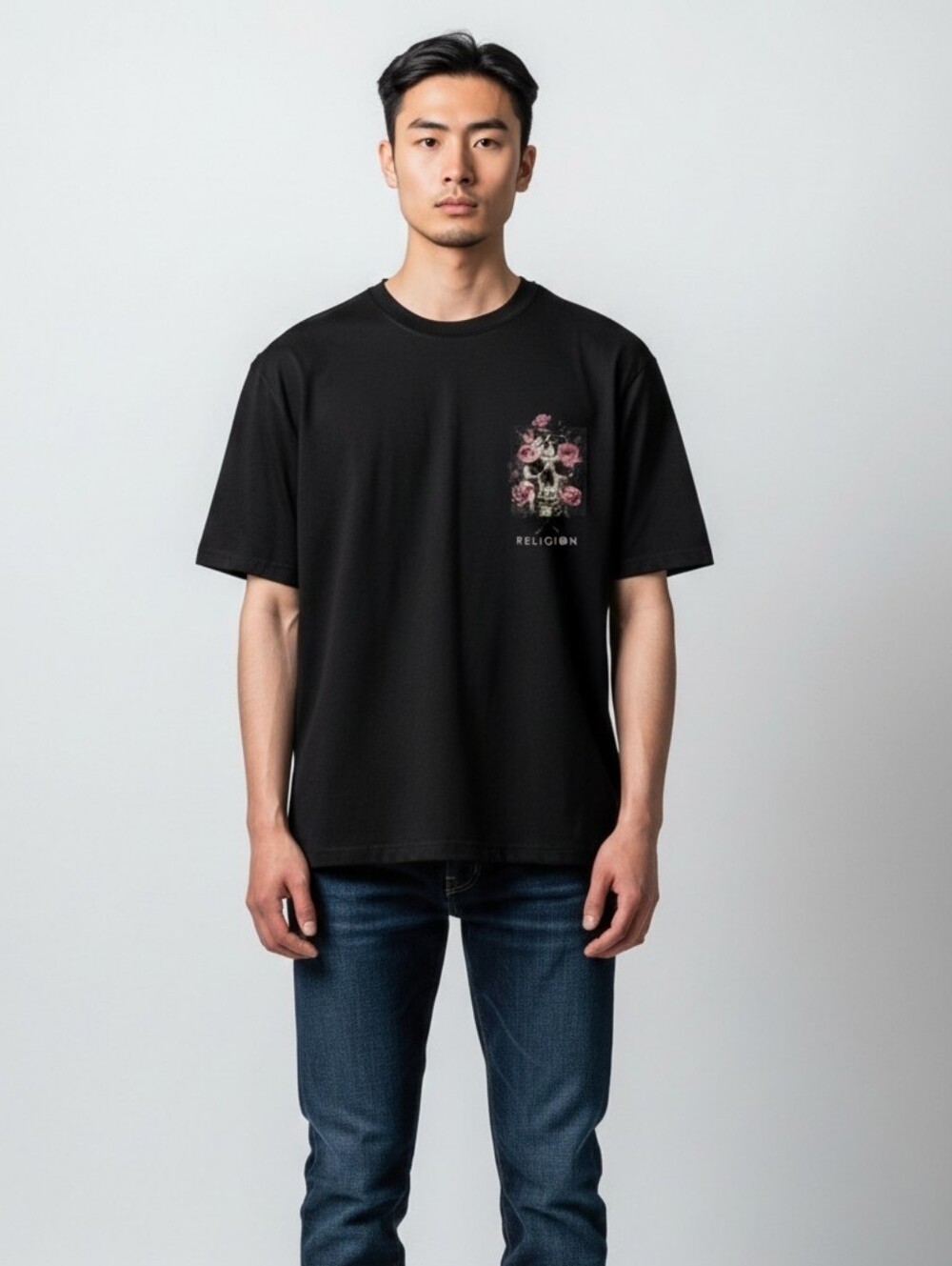 Religion London Black Rose Skull Graphic Tee Short Sleeve Men's T-shirt Size L